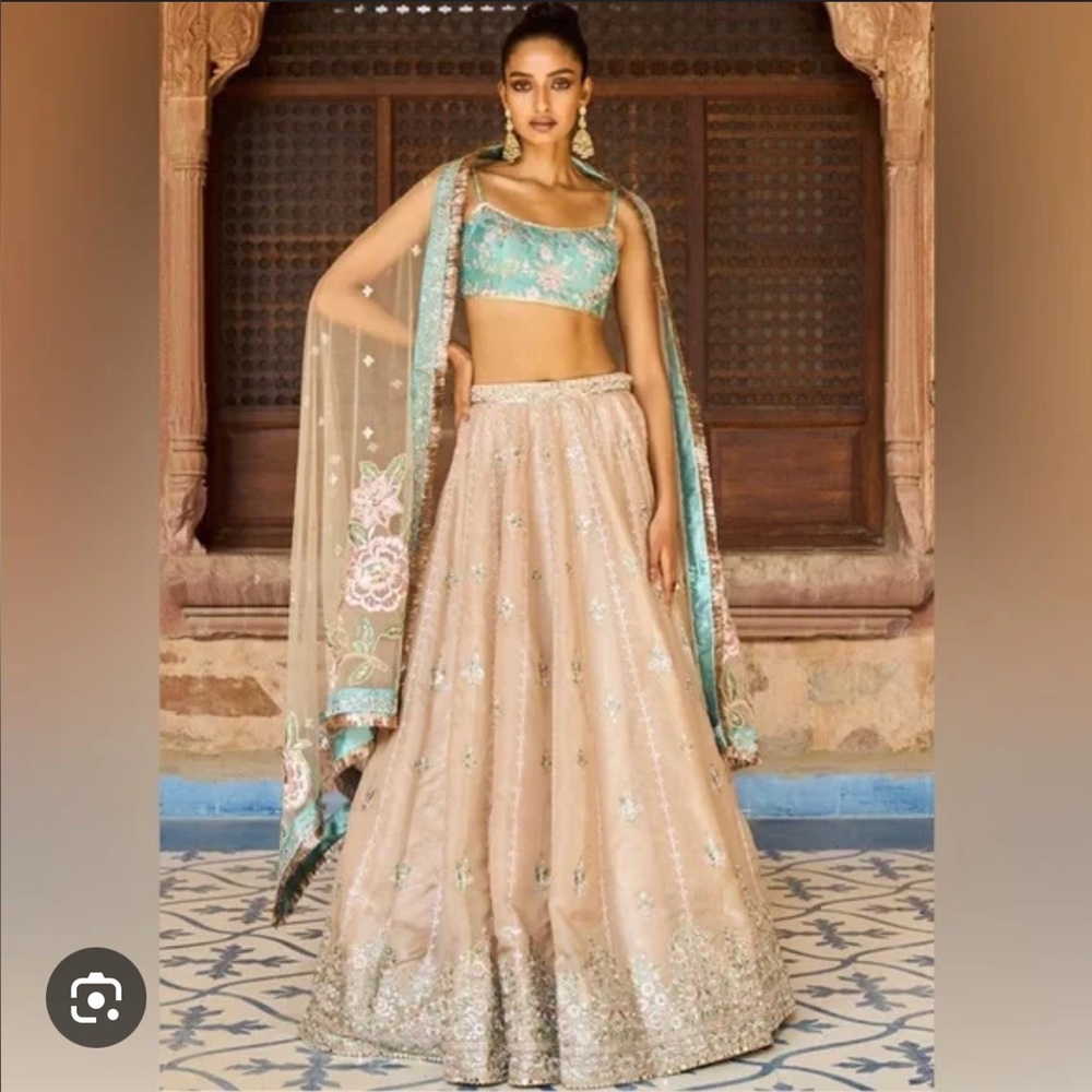 Lashkaraa Golden Beige and Dusty Teal Embroidered Lehenga